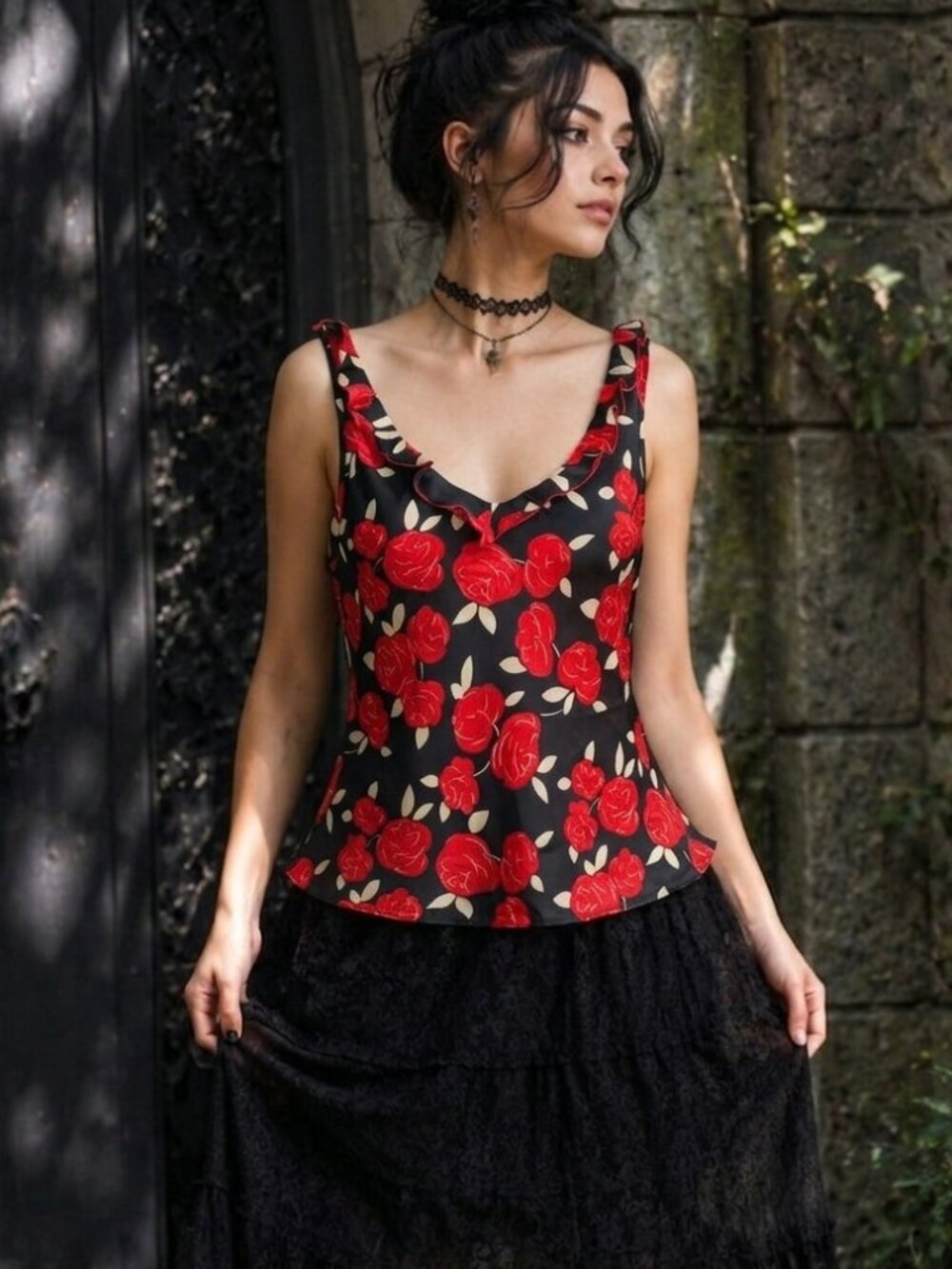 Josie Natori Black and Red Roses Y2K Ruffle Top Size Medium